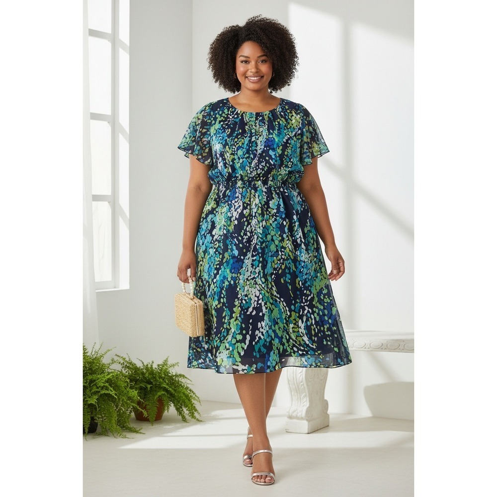 Olivia Matthews Navy Blue Abstract Print Chiffon Flutter Sleeve Dress Size 16